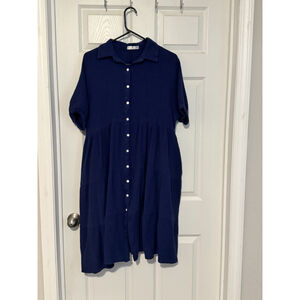 R.Vivimos Womens Dress Large Cotton Tiered Button Peasant Midi Blue Pockets NWOT